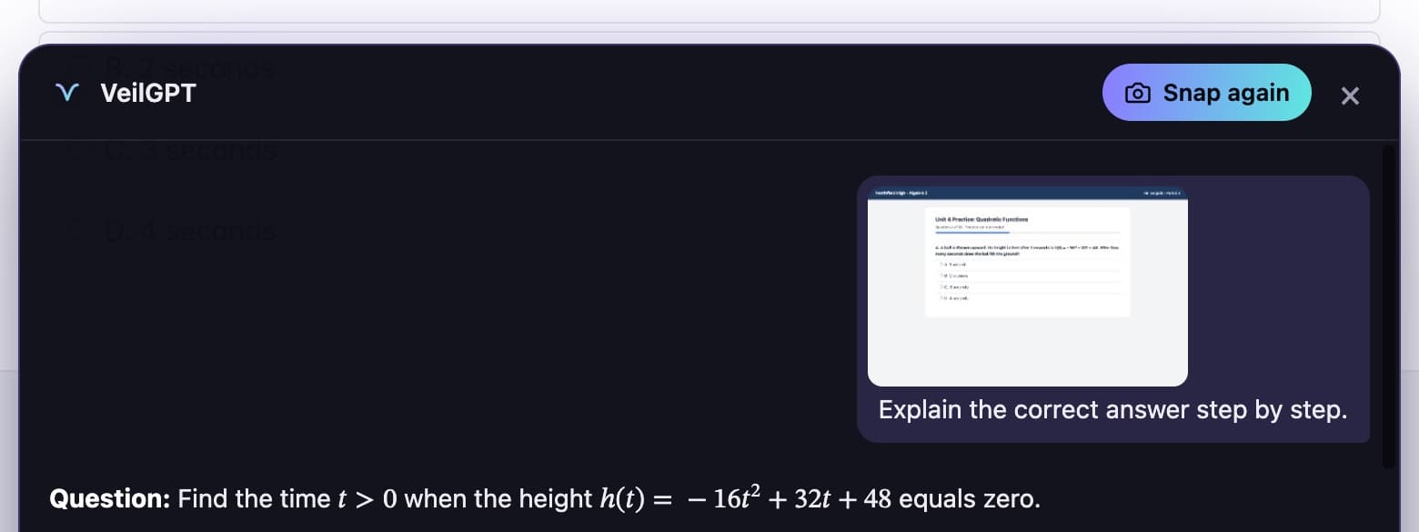 The VeilGPT explanation panel open over a worksheet, starting a step-by-step solution.