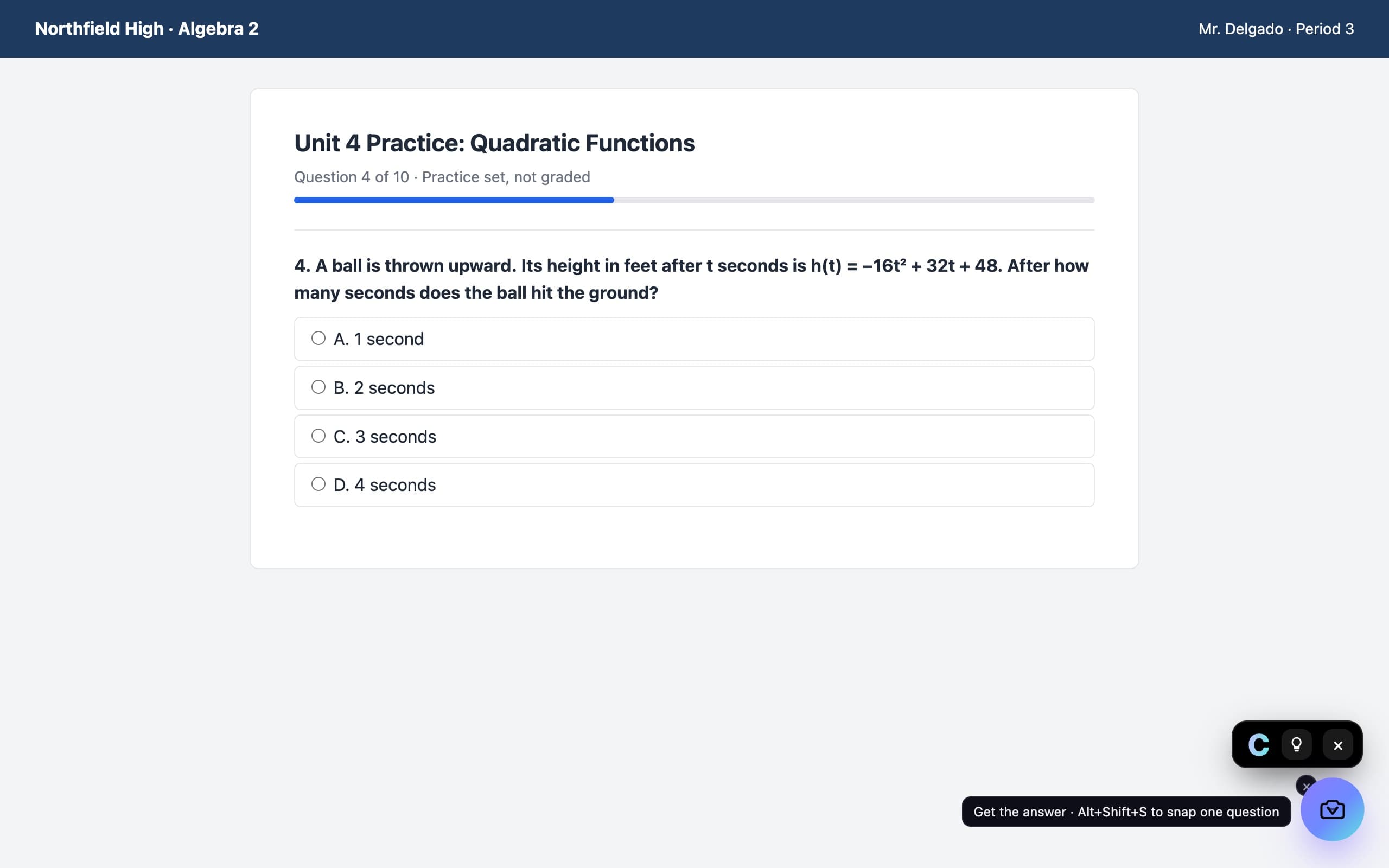 A practice worksheet with the VeilGPT camera button in the corner and a black chip showing the answer: C.